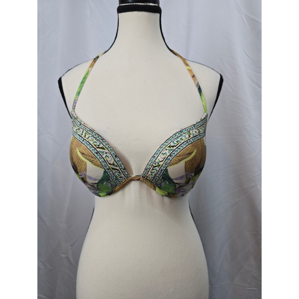 Victorias Secret The Angel Halter Bikini Top 34C TropicalFloral Rhinestone Green
